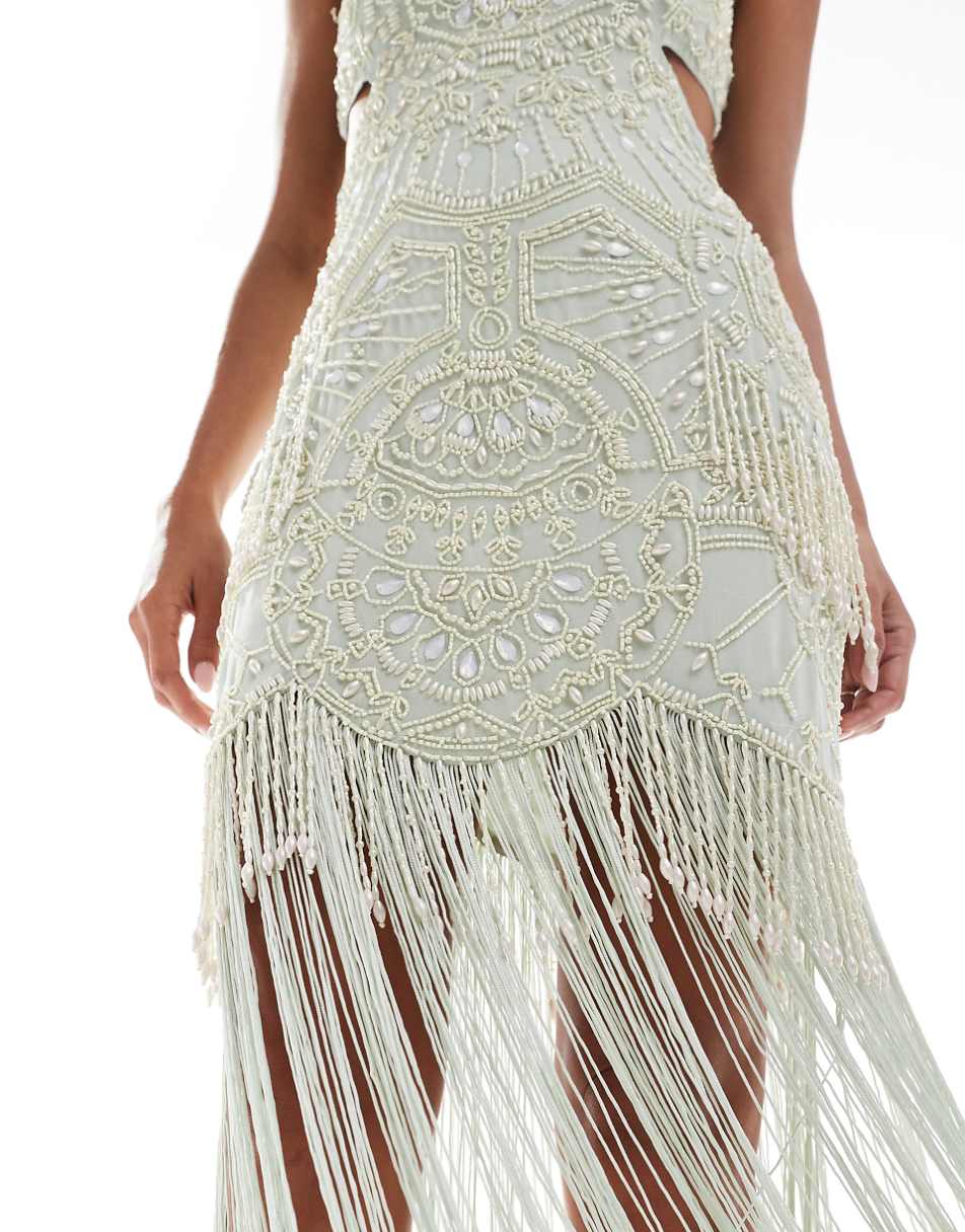 ASOS DESIGN cut out fringe maxi dress with beaded embellishment in sage green