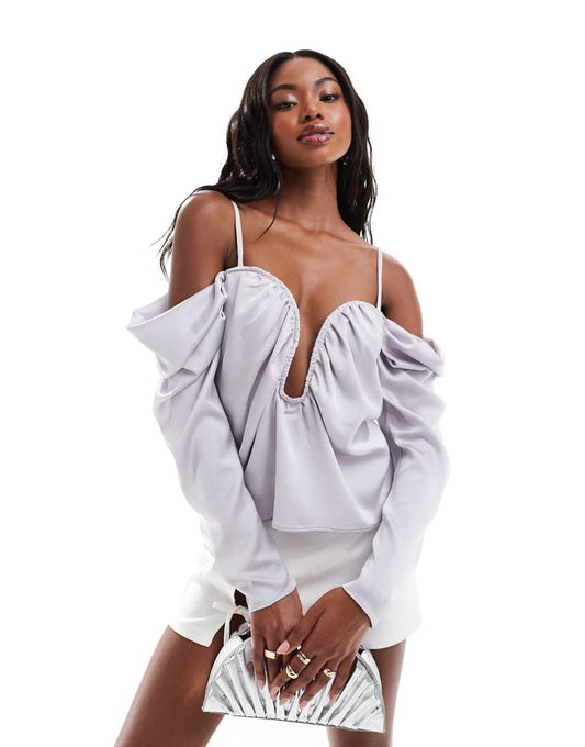 ASOS DESIGN long sleeve draped off shoulder satin top in silver