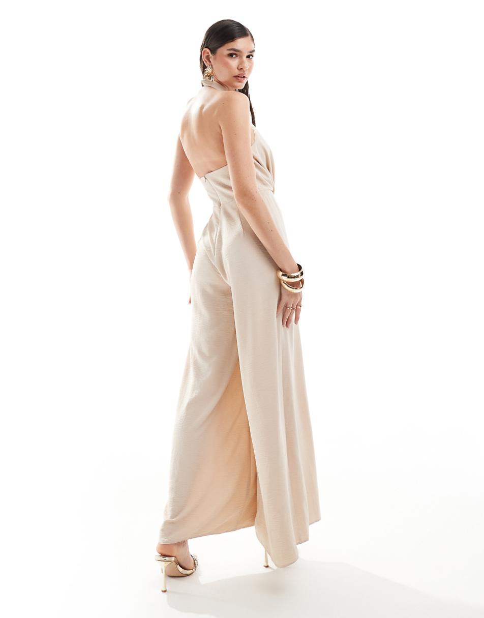 ASOS DESIGN halter neck drape front wide leg jumpsuit in stone