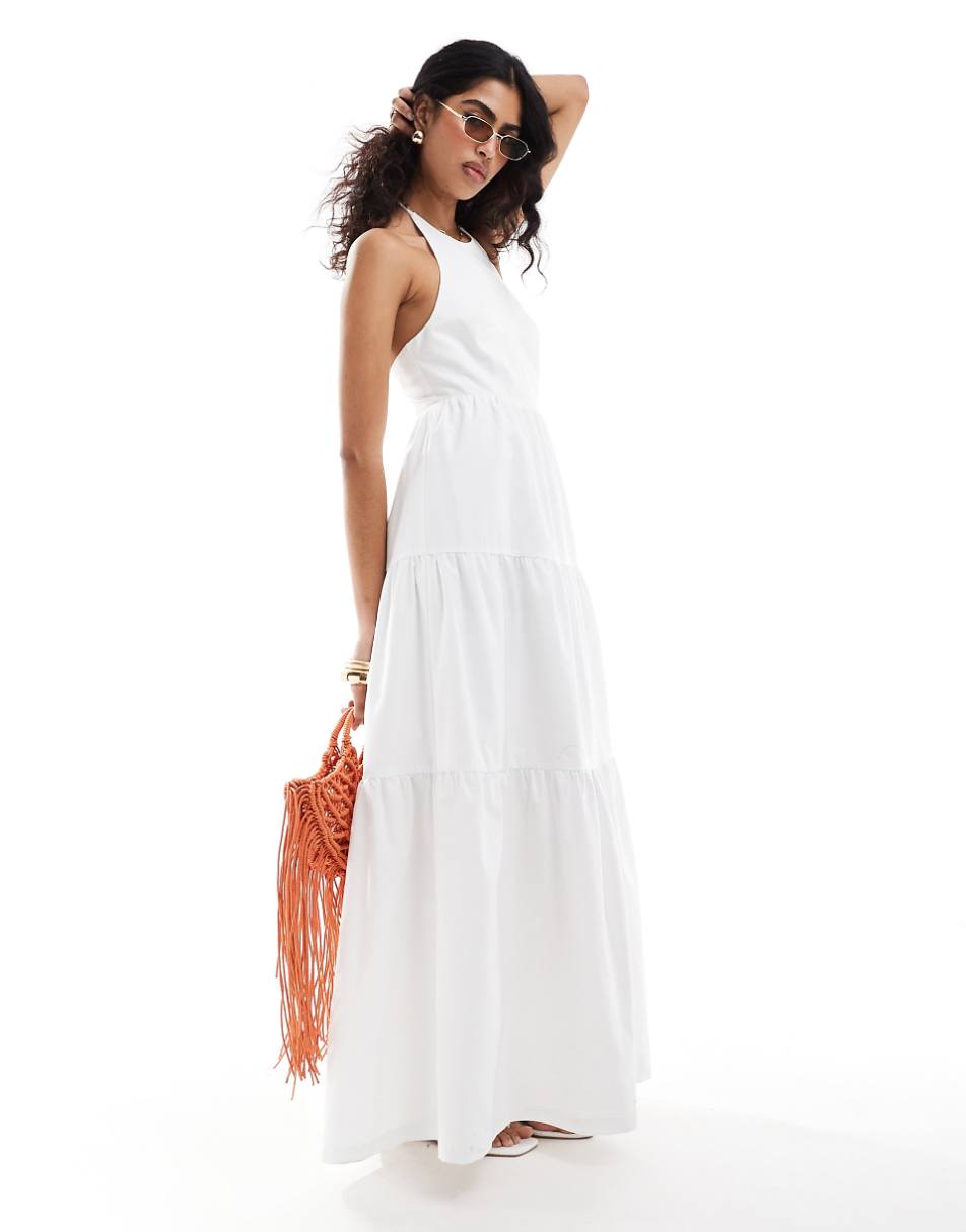 The Frolic sandy shirred back tiered maxi beach dress in off white