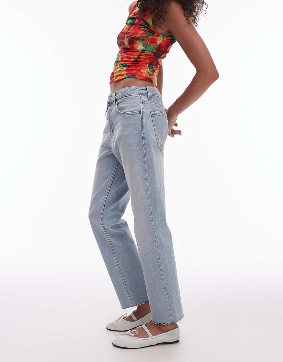 Topshop cropped mid rise straight jeans with raw hems in summer bleach