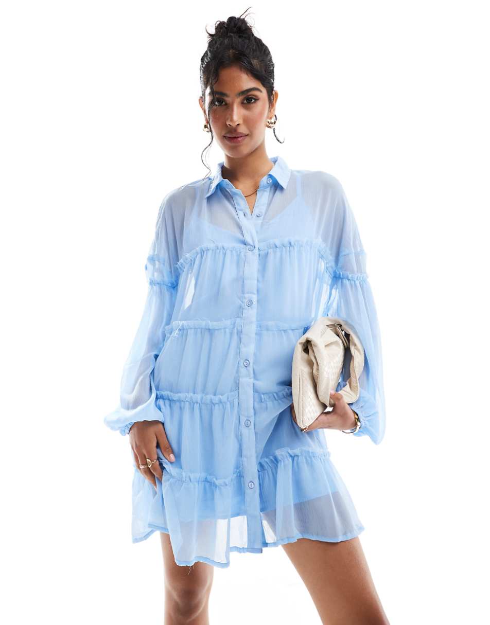 ASOS DESIGN chiffon smock mini shirt dress in baby blue