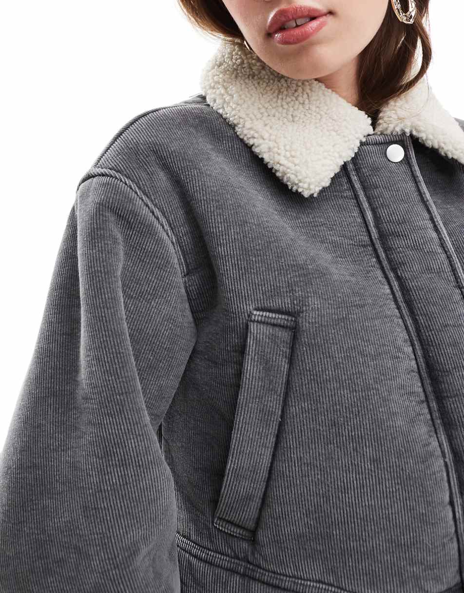 ASOS DESIGN cord bonded jacket with shearling collar in gray