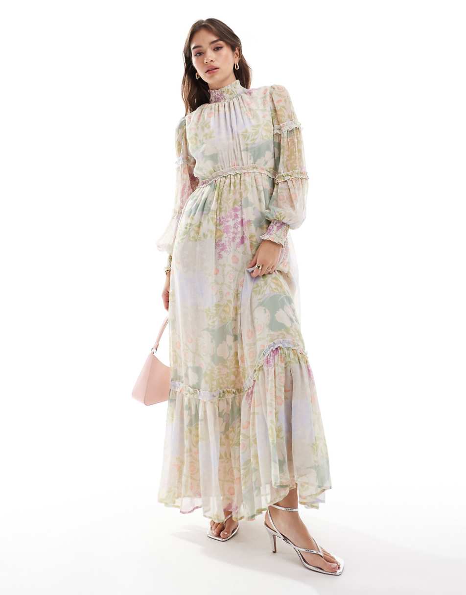 ASOS DESIGN high neck shirred maxi dress with frill edge in mixed floral print