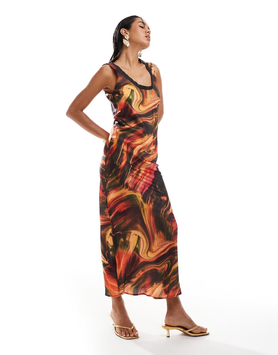 ASOS DESIGN bias slip midi dress with ribbed neck in abstract print