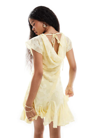 ASOS DESIGN Petite burnout cowl neck mini dress with godets in lemon yellow