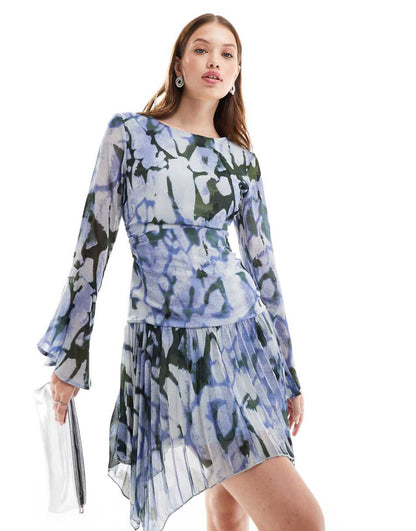 ASOS DESIGN pleated hanky hem mini dress in blue green abstract print