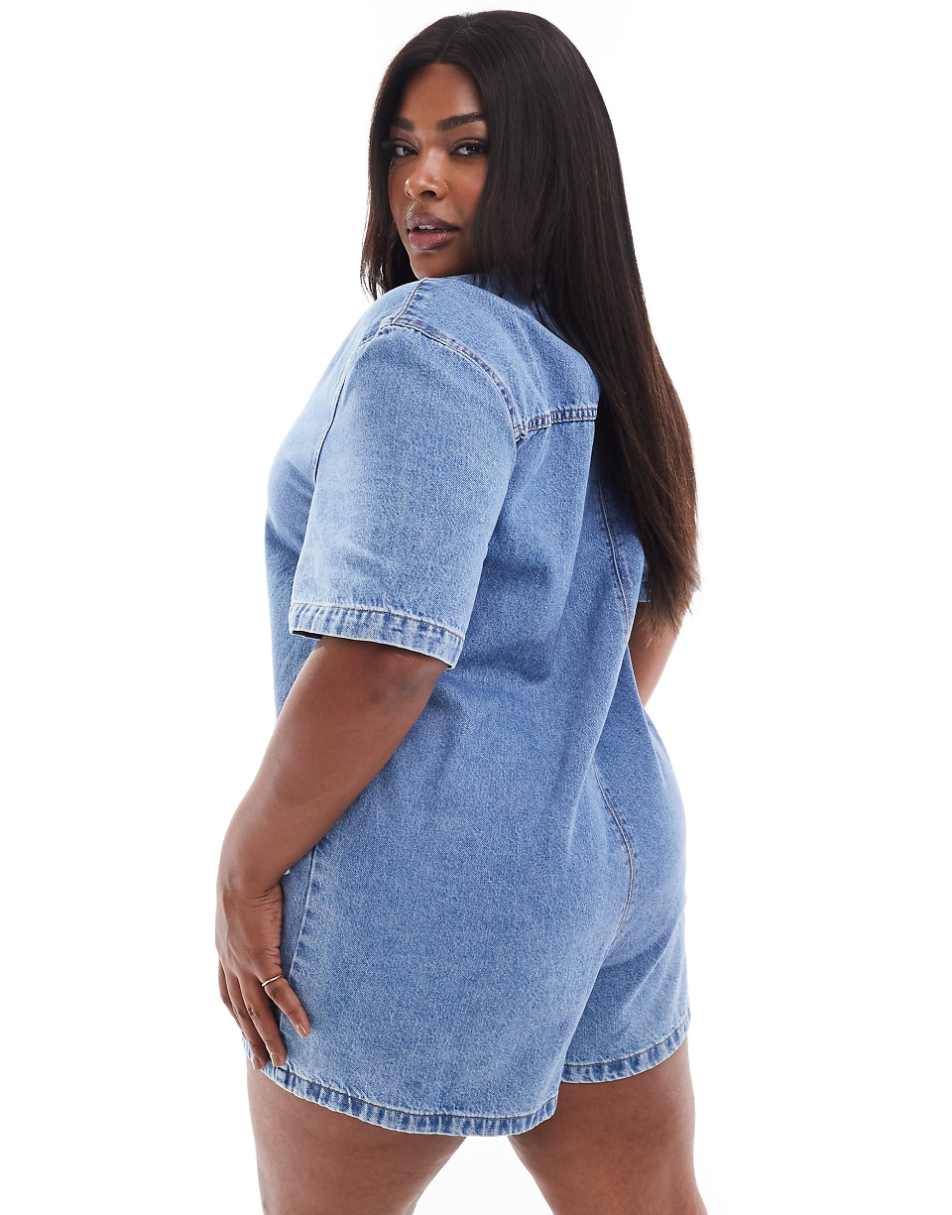 ASOS DESIGN Curve denim boxy shirt romper in midwash blue