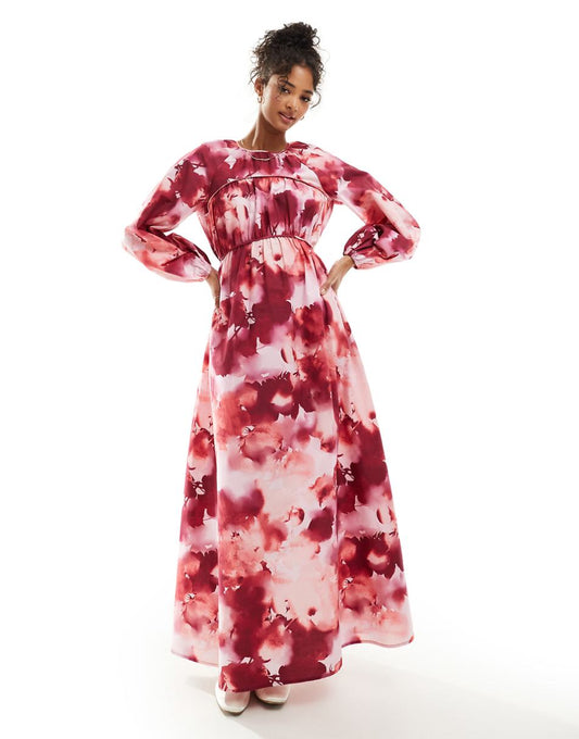 ASOS DESIGN maxi dress with ruched seam detail in blurred rose print