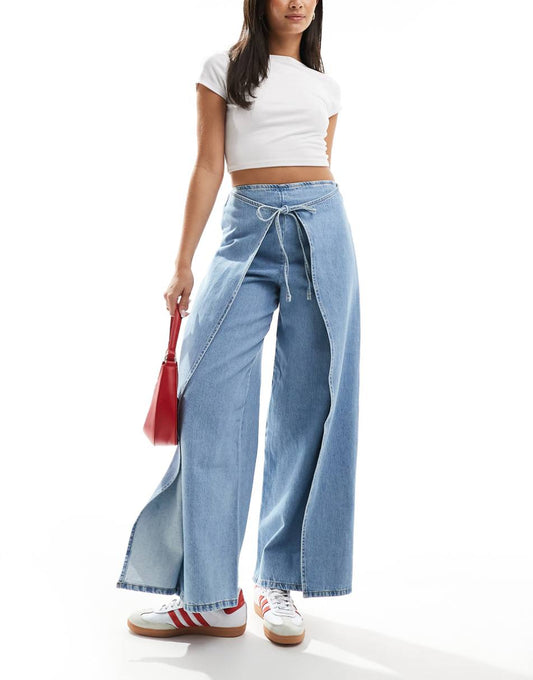 ASOS DESIGN cropped wide leg jeans with wrap skirt waist in light wash blue