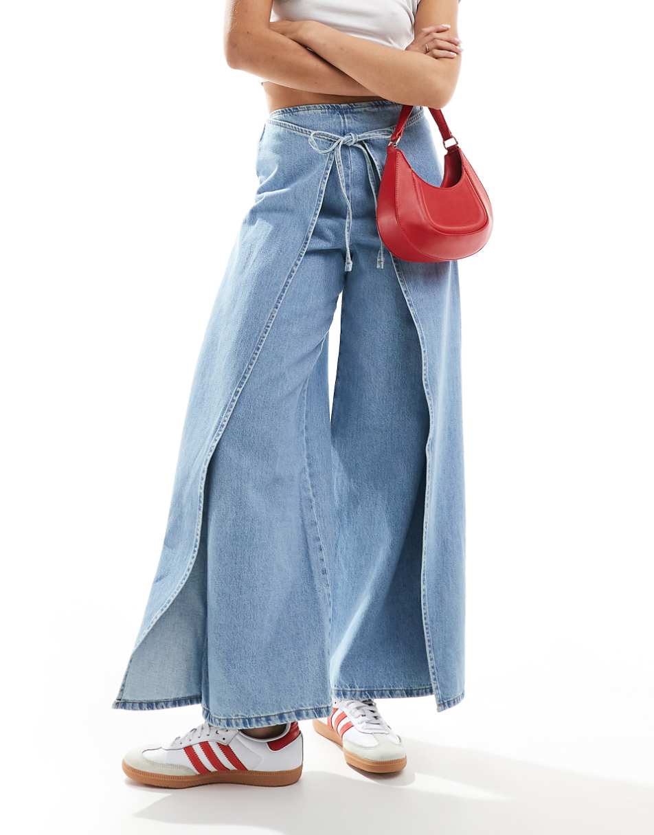 ASOS DESIGN cropped wide leg jeans with wrap skirt waist in light wash blue