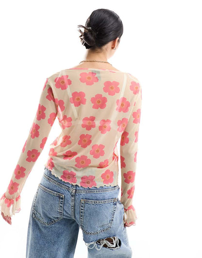 Pieces mesh tie front blouse with red floral print in cream