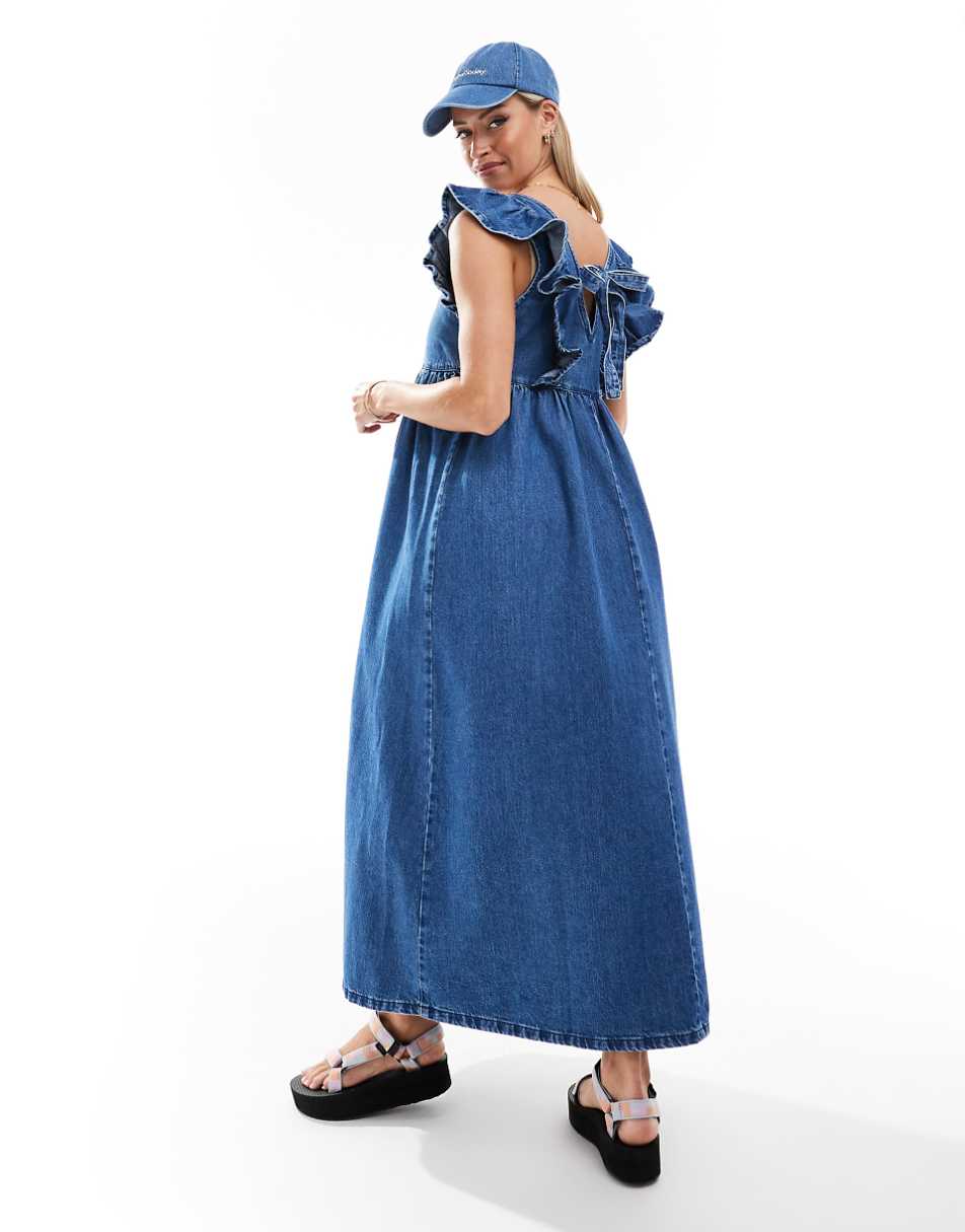 ASOS DESIGN Maternity soft denim smock maxi dress with bow back in midwash blue