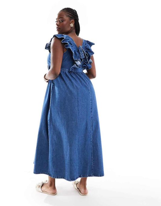 ASOS DESIGN Curve soft denim smock maxi dress with bow back in midwash blue