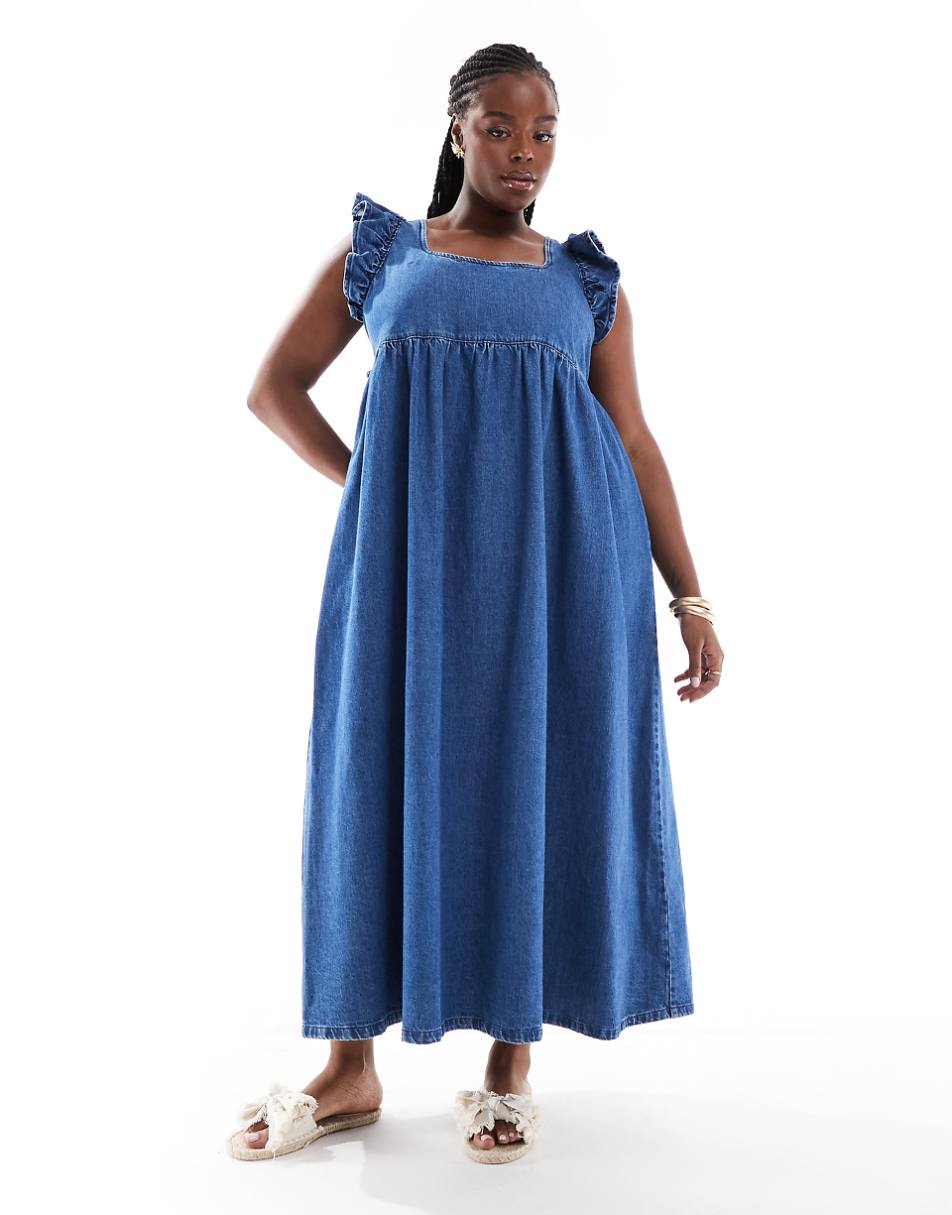 ASOS DESIGN Curve soft denim smock maxi dress with bow back in midwash blue