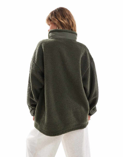 ASOS DESIGN half zip nylon mix borg sweatshirt in khaki