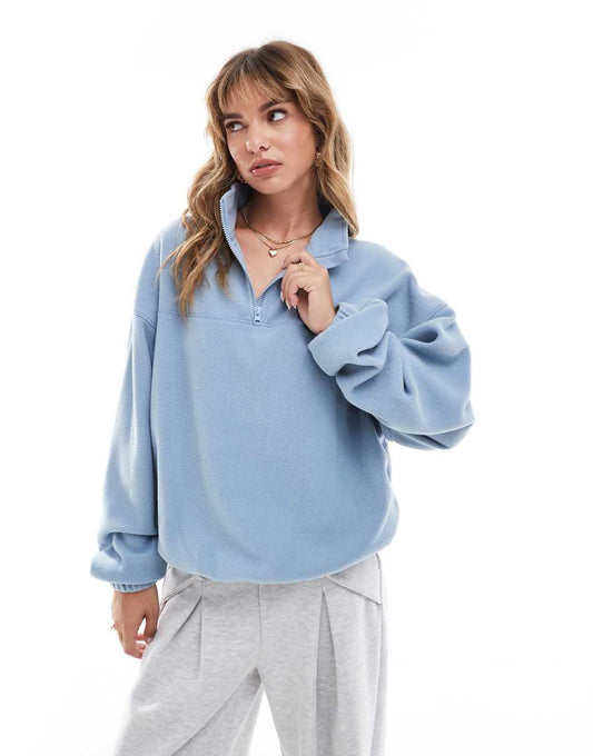 ASOS DESIGN half zip fleece in pale blue