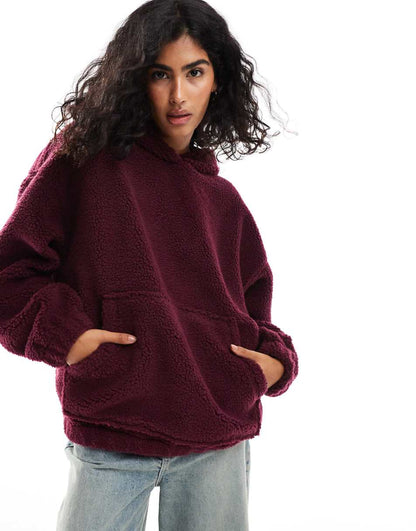 ASOS DESIGN oversized teddy hoodie in burgundy