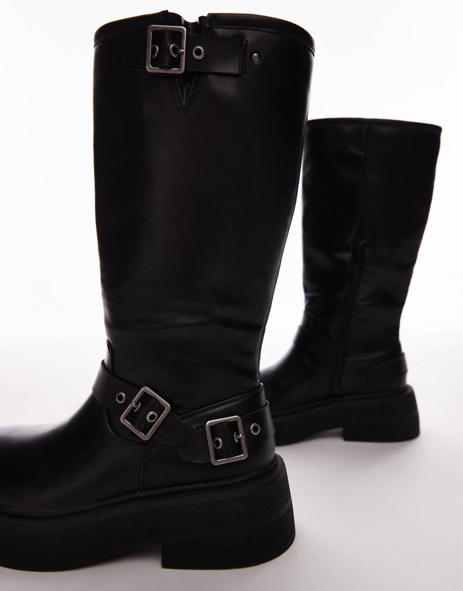 Topshop Roy chunky biker boots with hardware in black