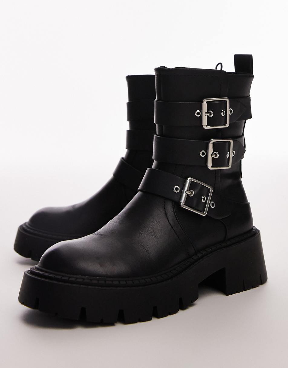 Topshop Luke chunky biker boots with buckle detail in black