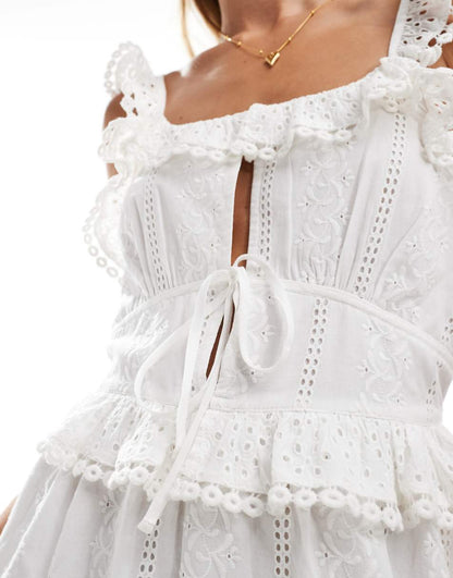 Miss Selfridge broderie ruffle detail strappy mini sundress in ivory