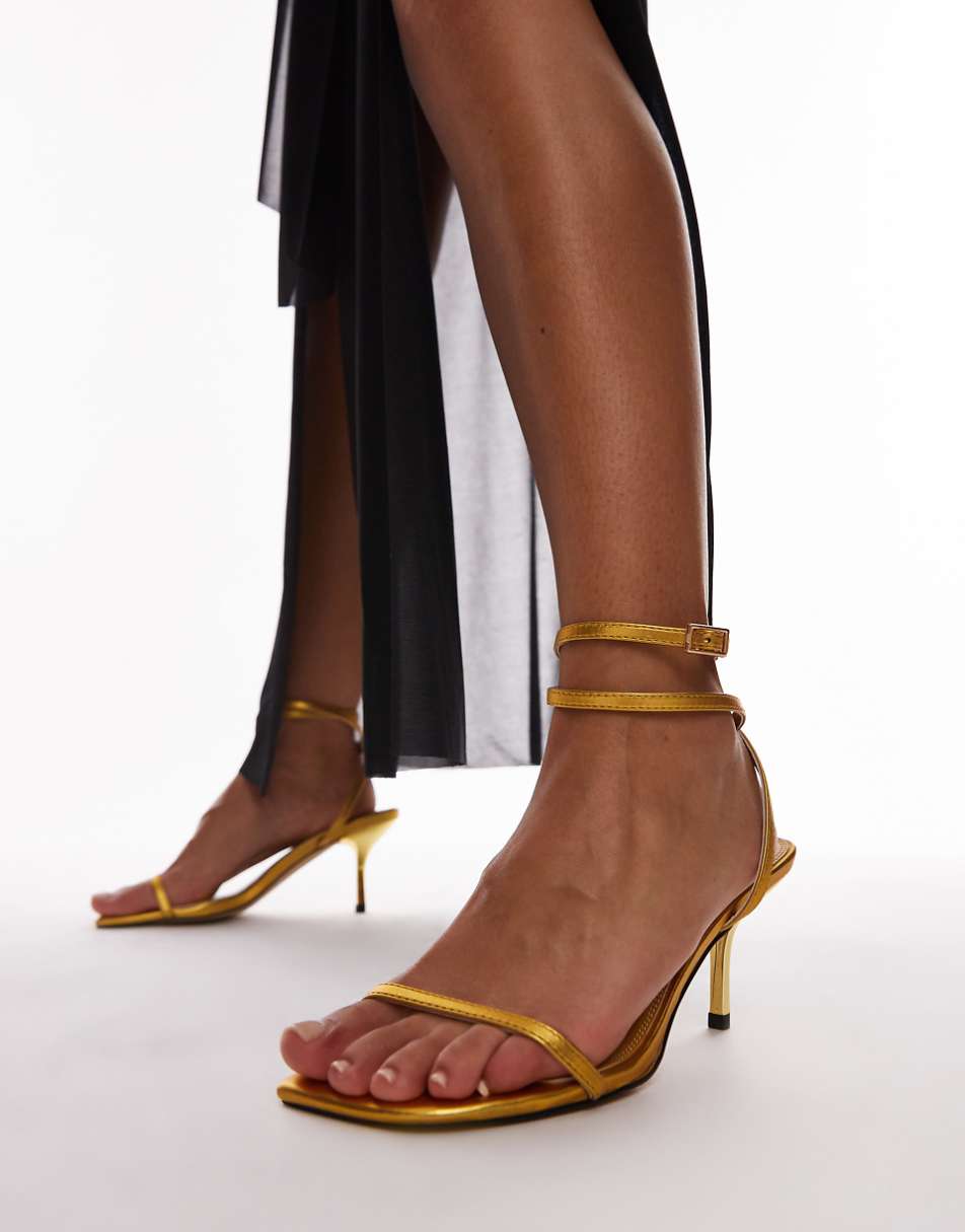 Topshop Wide Fit Fina barely there mid heeled sandals in gold