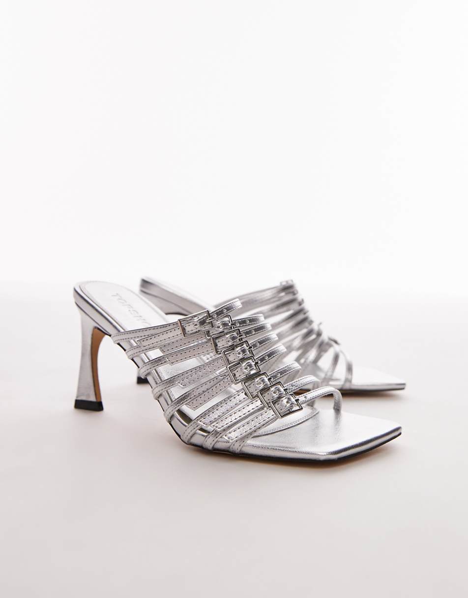 Topshop Fiori heeled sandals with multi strap detail in silver