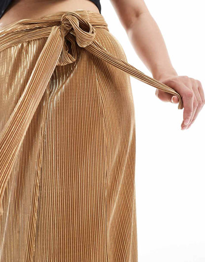 Never Fully Dressed Plus Jaspre plisse midi skirt in gold