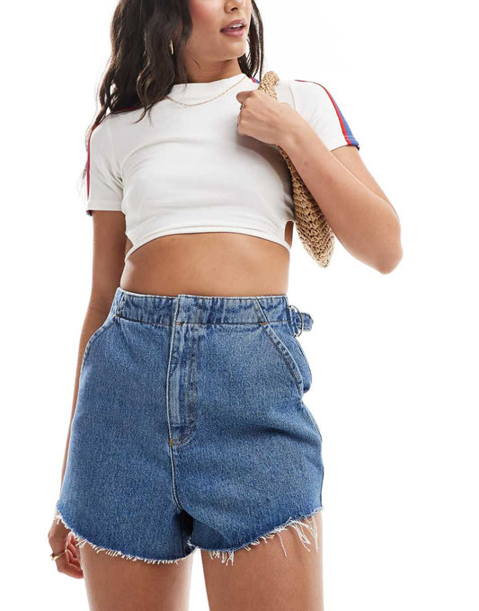 ASOS DESIGN denim micro shorts with cinch waist in midwash blue