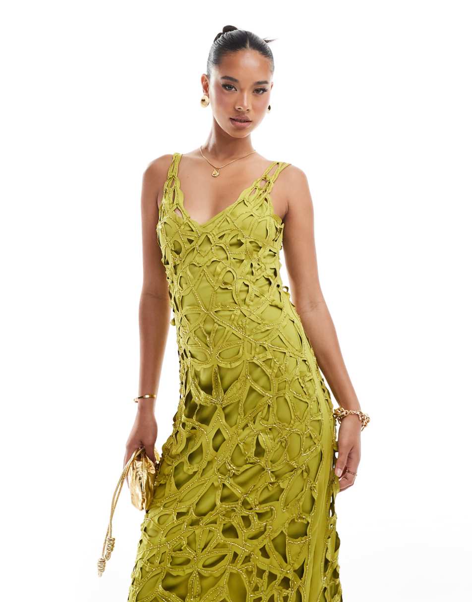 ASOS DESIGN embellished open cutwork midi dress in chartreuse