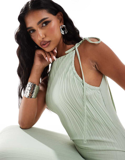 ASOS DESIGN plisse high neck midi dress with channeled strap detail in sage green