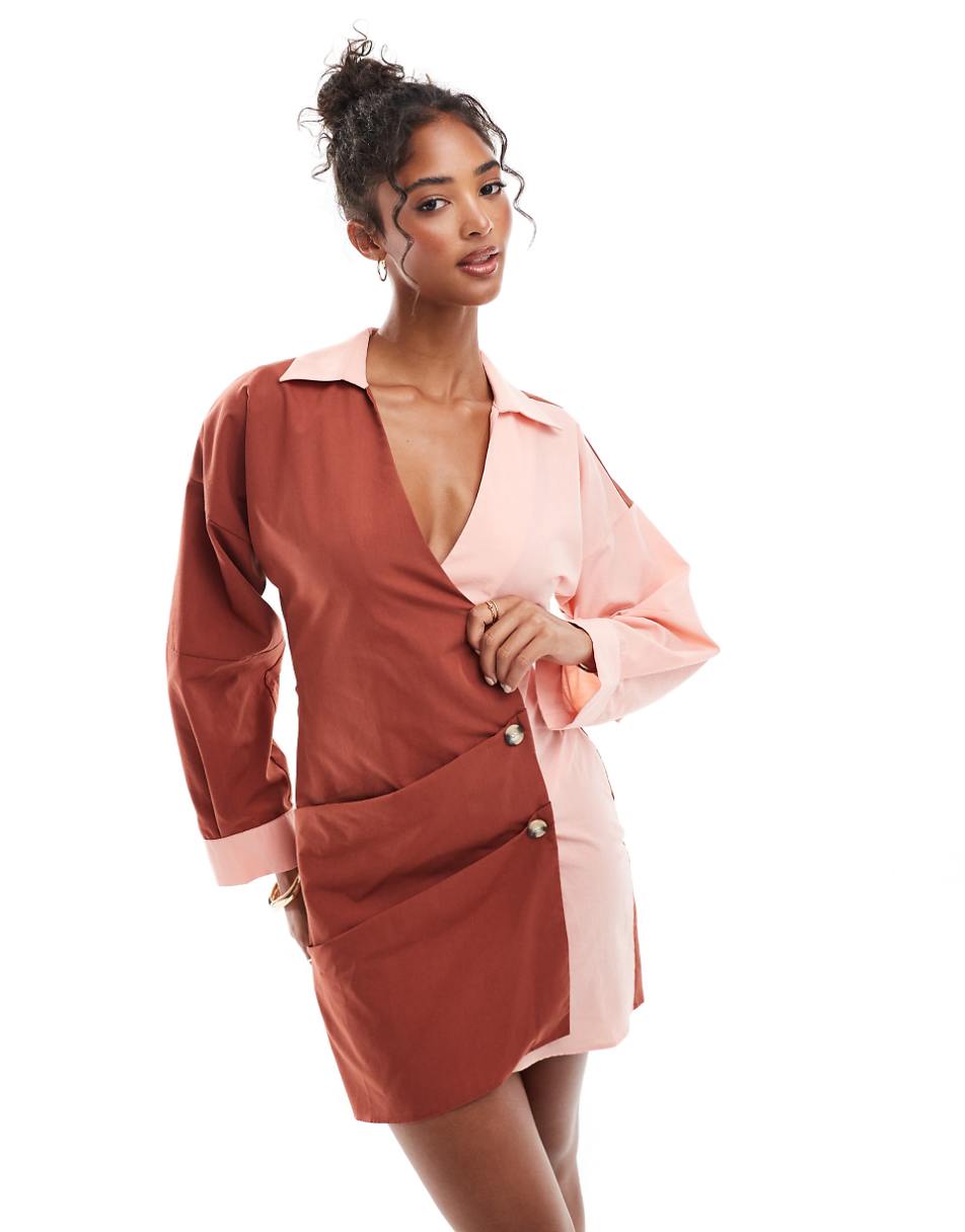 ASOS DESIGN asymmetric half wrap shirt with front button detail in pink and rust