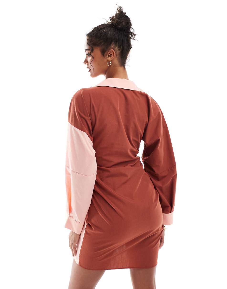 ASOS DESIGN asymmetric half wrap shirt with front button detail in pink and rust