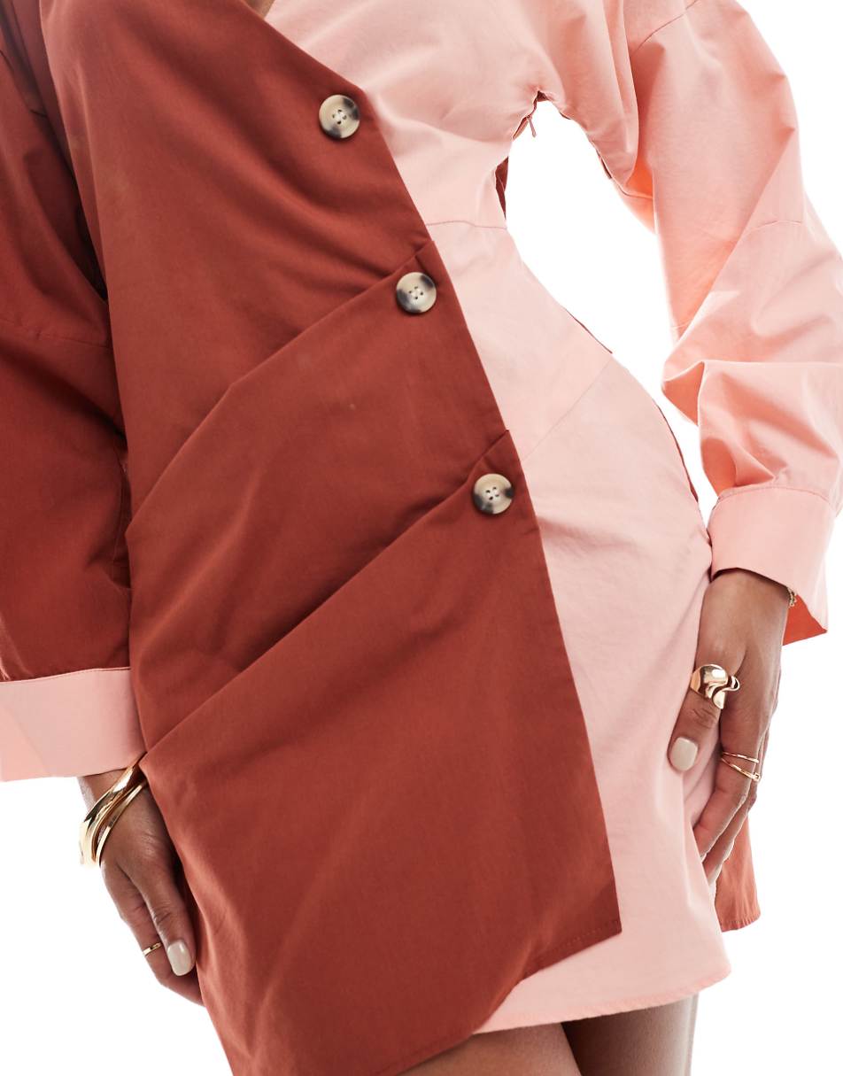 ASOS DESIGN asymmetric half wrap shirt with front button detail in pink and rust