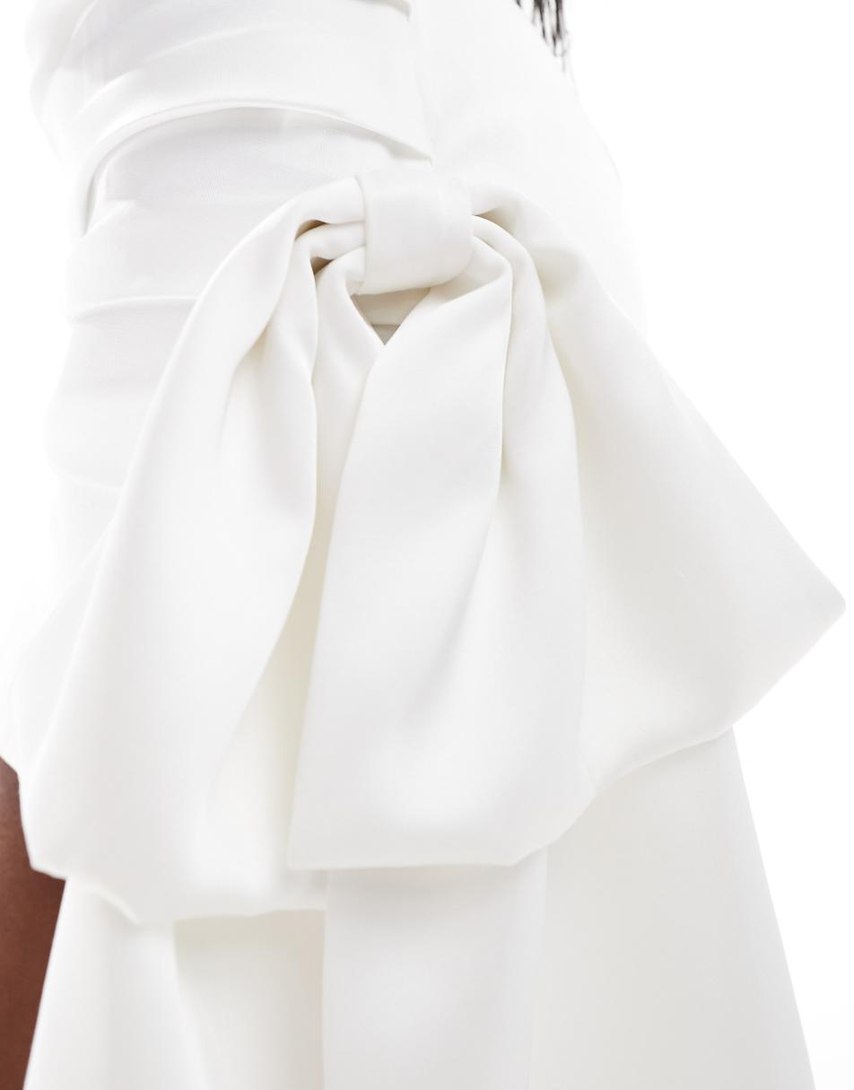 Six Stories Bridal satin bow drape mini skirt in white