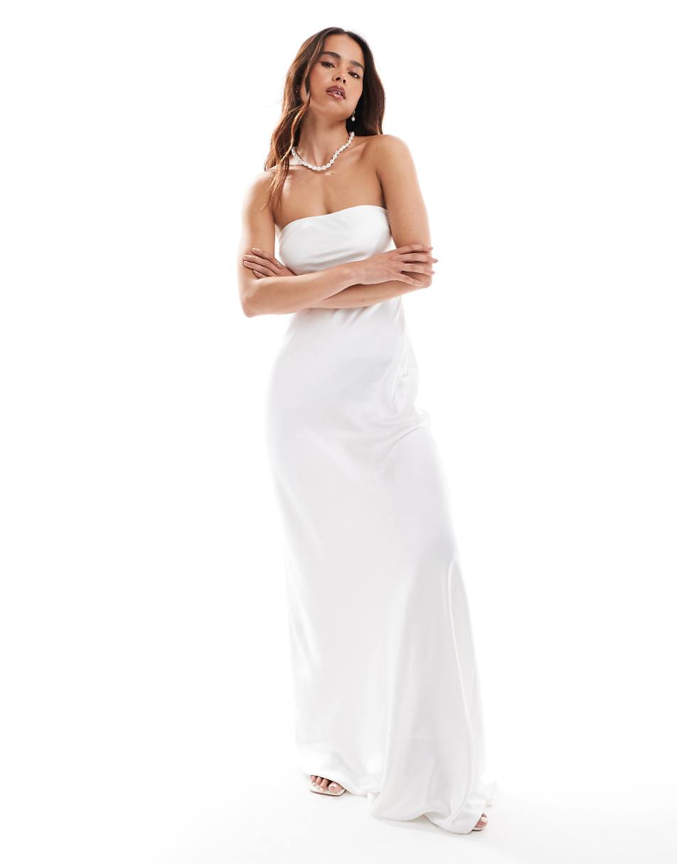 Six Stories Bridal bandeau cowl back satin maxi dress in white