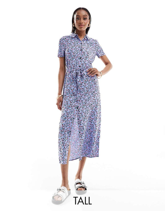 Vero Moda Tall maxi buttondown shirt dress in blue floral print