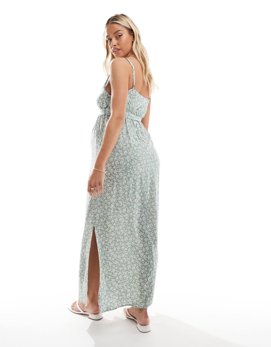 Vero Moda Maternity v neck maxi dress with tie waist in sage green floral