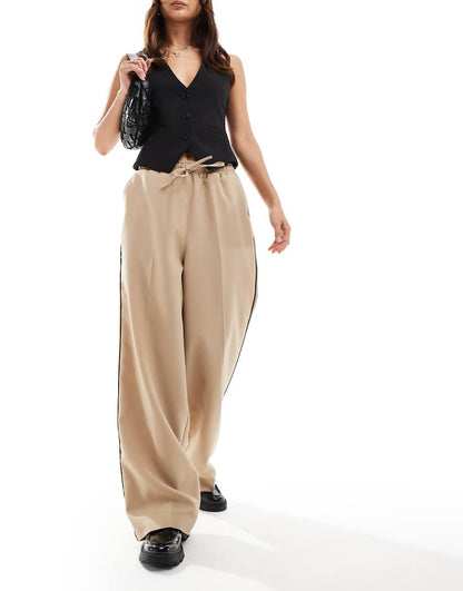 ASOS DESIGN tailored pull on pants with piping in sand