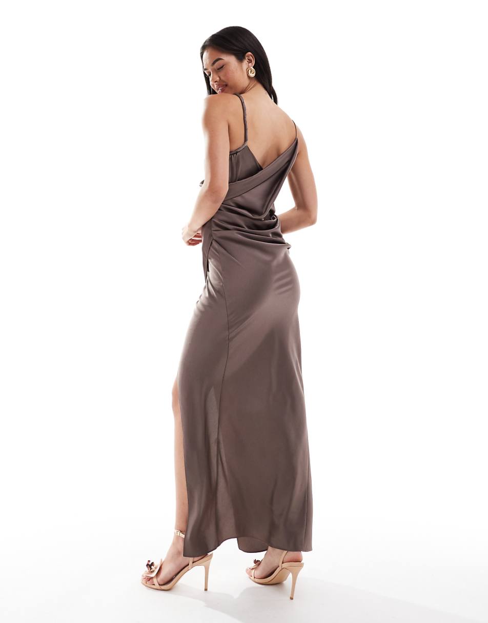 ASOS DESIGN draped satin maxi dress with twisted strap detail in mocha