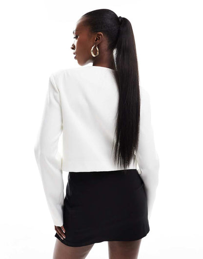 Kaiia boxy cropped pearl button through jacket in white