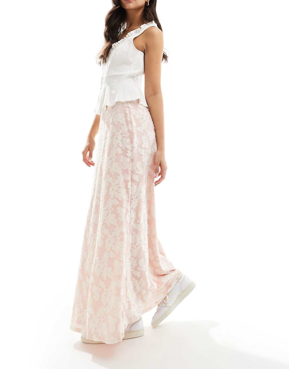 Daisy Street mid rise jacquard maxi skirt with lace trim in pink