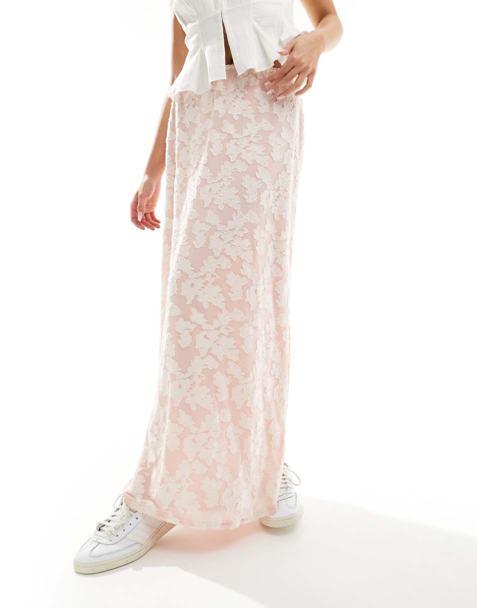 Daisy Street mid rise jacquard maxi skirt with lace trim in pink