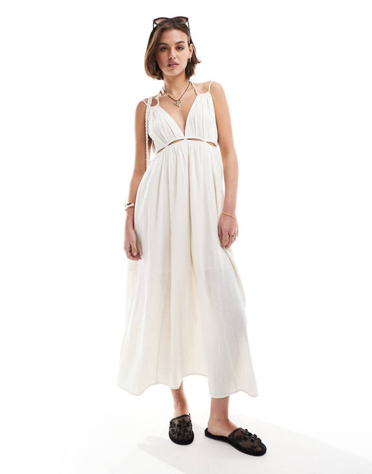 ASOS DESIGN double cloth maxi dress with twisted strap and cut out detail in cream