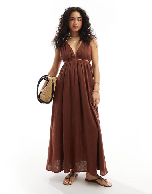 ASOS DESIGN double cloth maxi dress with twisted strap and cut-out detail in brown