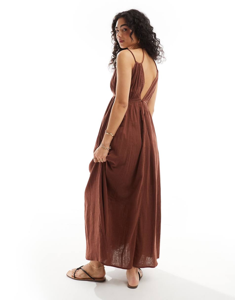 ASOS DESIGN double cloth maxi dress with twisted strap and cut-out detail in brown