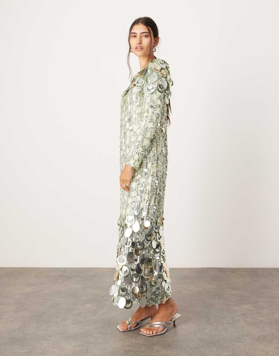 ASOS EDITION stacked multi sequin long sleeve column midaxi dress in green
