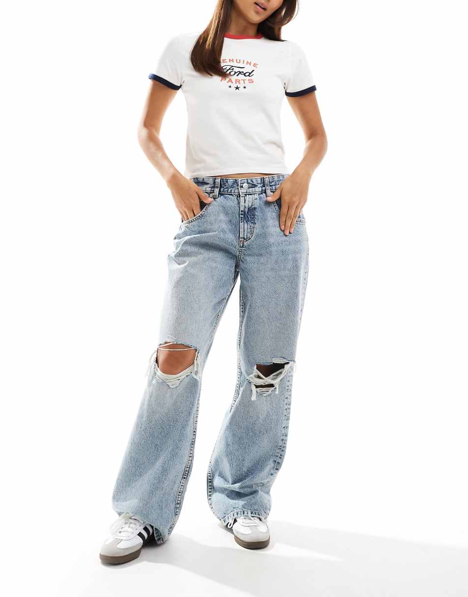 ASOS DESIGN mid rise baggy boyfriend jeans with knee rips in light tint