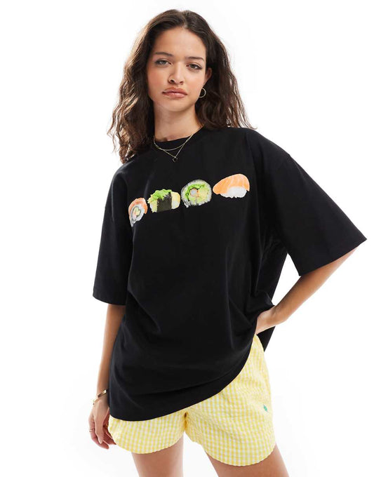 ASOS DESIGN boyfriend fit T-shirt with sushi graphic in black