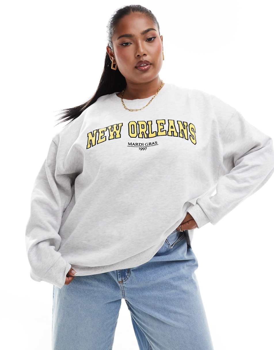 ASOS DESIGN Curve oversized sweat with new orleans graphic in ice heather